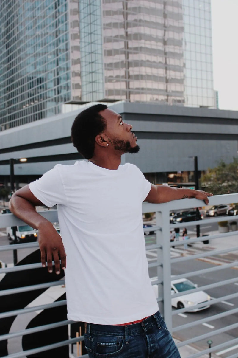 Man in Gman USA white t-shirt — blank tees shipped from Tampa FL