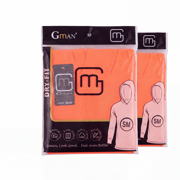 GMAN Neon Dri-Fit Hooded Long Sleeve Shirts 2-Pack, orange, full pack laid out, bulk basics Tampa FL