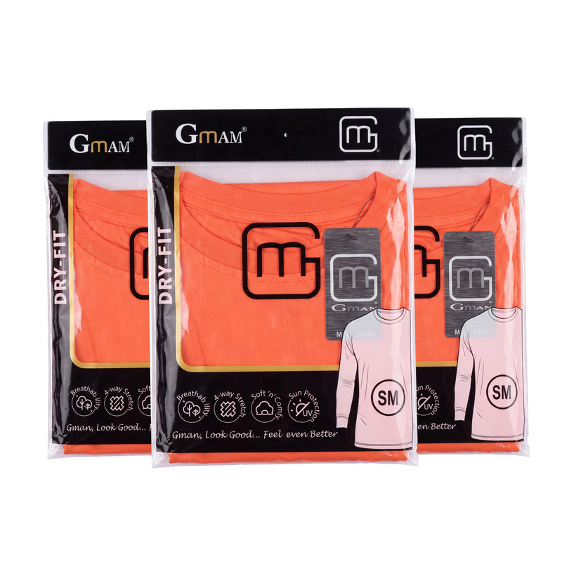 GMAN Neon Dri-Fit Long Sleeve Shirts 3-Pack, orange, full pack laid out, bulk basics Tampa FL